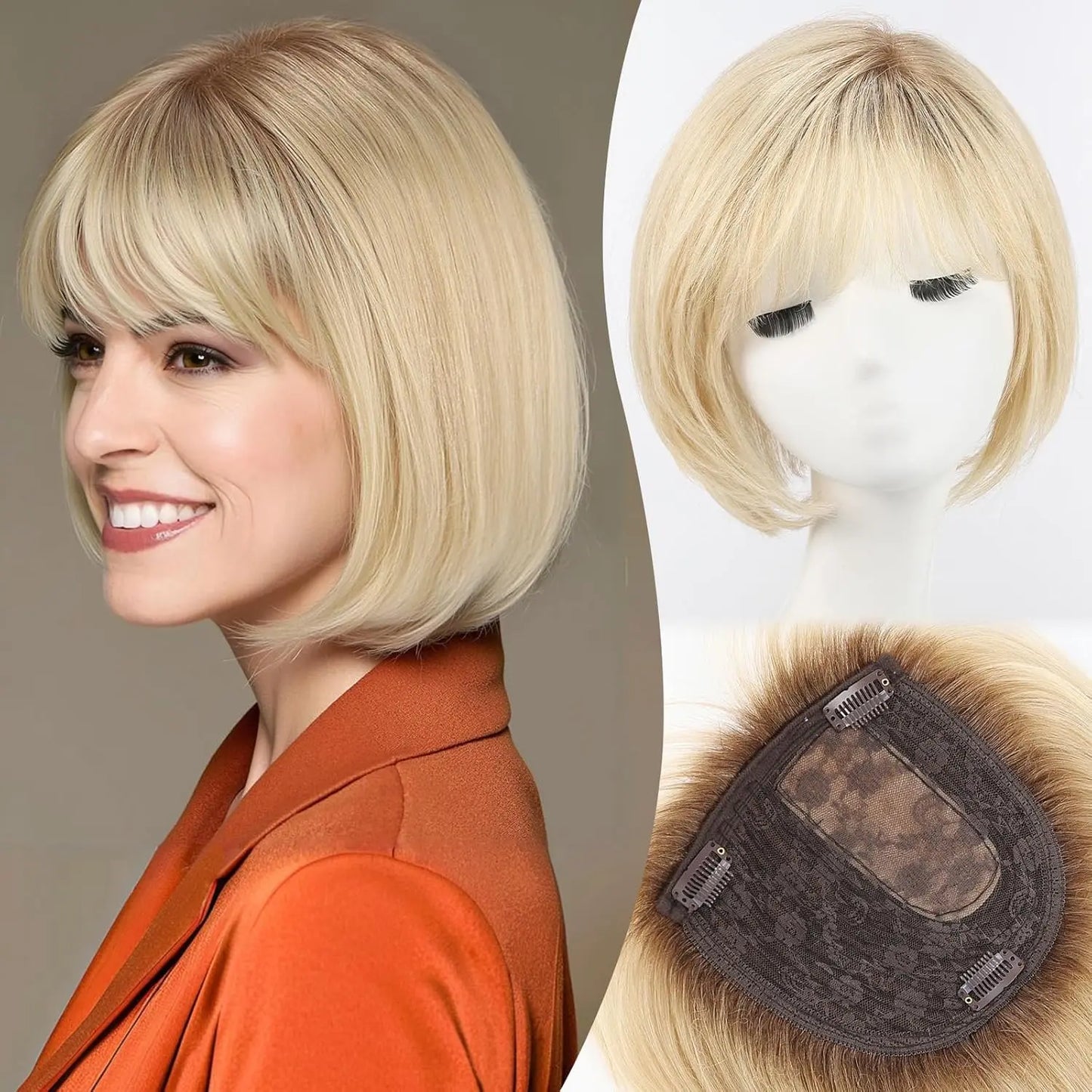10” Short Bob Human Hair Topper with Bangs – Side Part Silk Base Clip-In