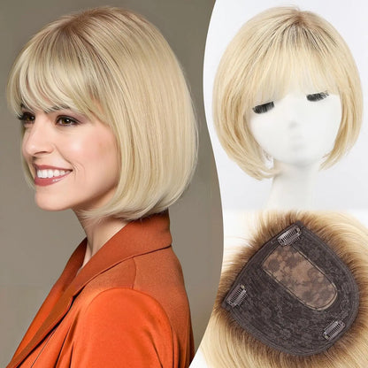 10” Short Bob Human Hair Topper with Bangs – Side Part Silk Base Clip-In
