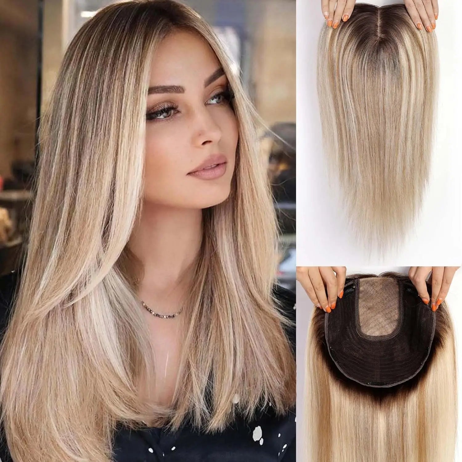 16” Full Coverage Human Hair Topper – Large 9×9 Silk Base Brown Highlights