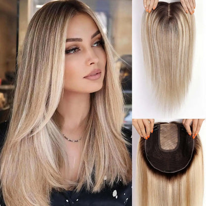 16” Full Coverage Human Hair Topper – Large 9×9 Silk Base Brown Highlights